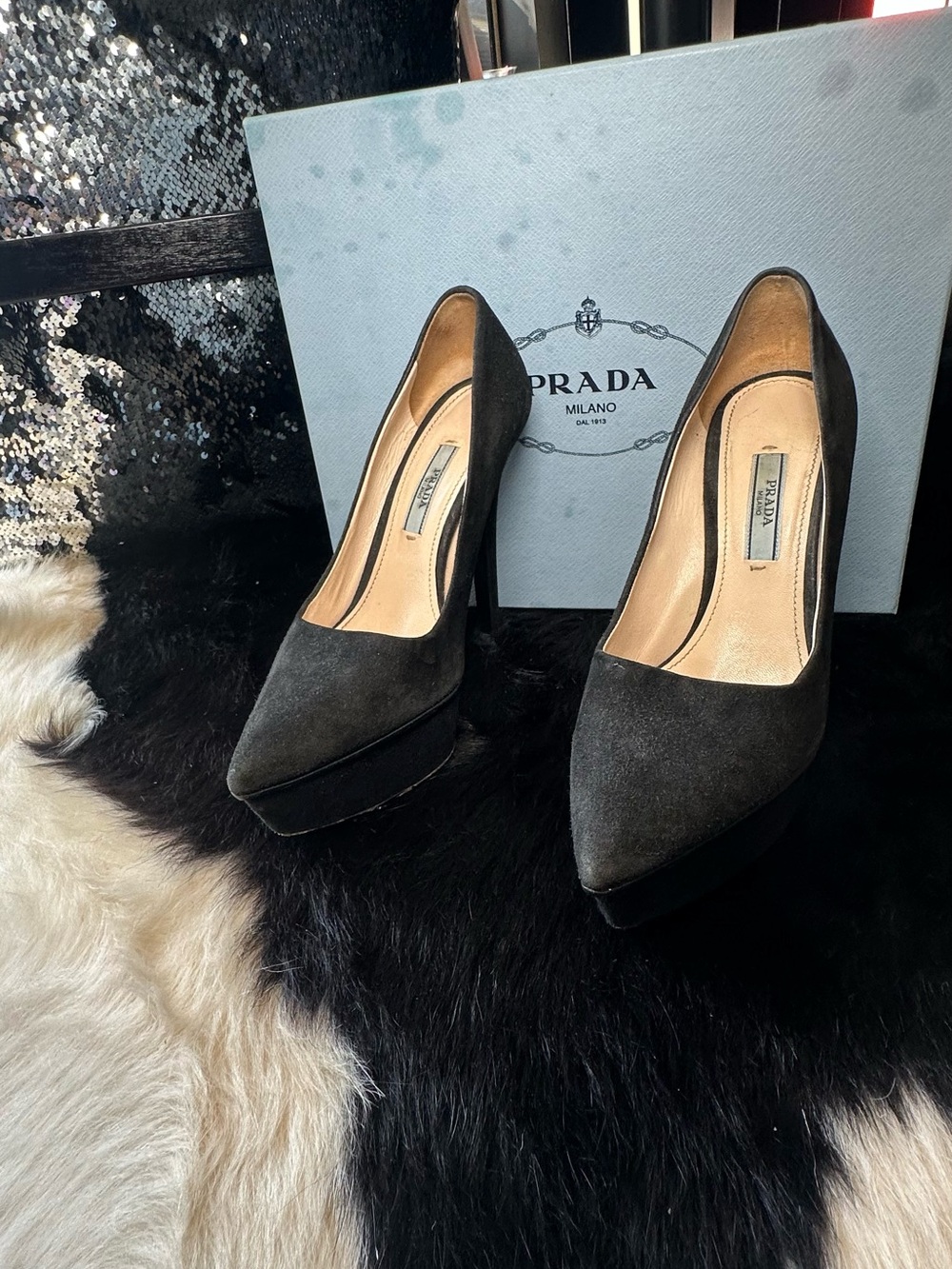 Prada Black Suede Pointed-Toe Platform Pumps